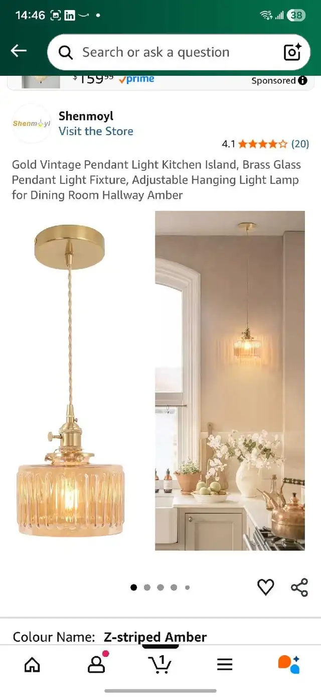Gold Vintage Pendant Light in Indoor Lighting & Fans in Mississauga / Peel Region - Image 2