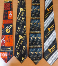 Music instruments neckties, guitar, drums, trombone