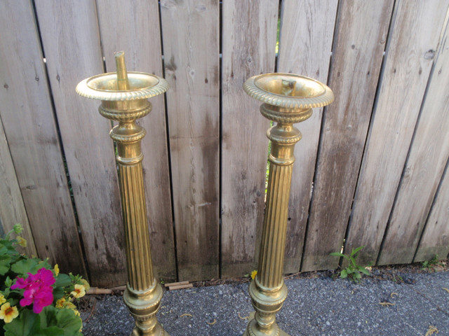 Antique Brass Church Pricket Tall Floor Candle Holder Pair in Arts & Collectibles in Barrie - Image 2