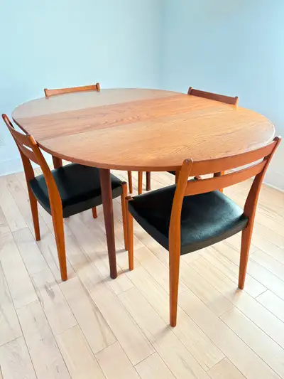 Mid-century teak dining table with chairs, View more