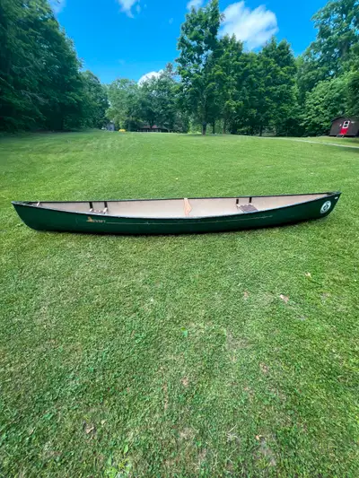 Swift fibreglass Algonquin 17 Canoe with a small leak. The yolk is broken but is new and was replace...