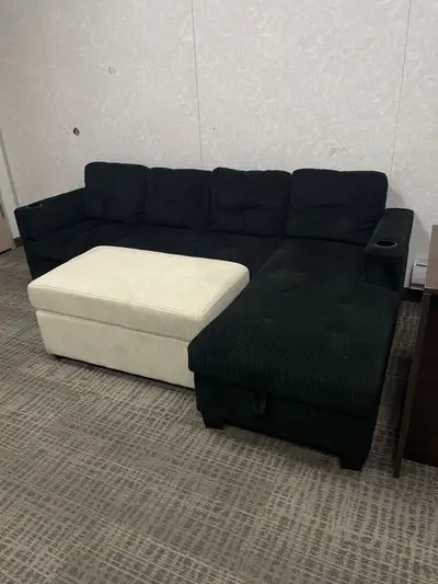 Black Corduroy Sectional Sofa Available with Cupholders , View more