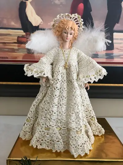 - Angel wearing a gold and beige crochet dress and gold star fish necklace. - Angel Size: Approx: 12...