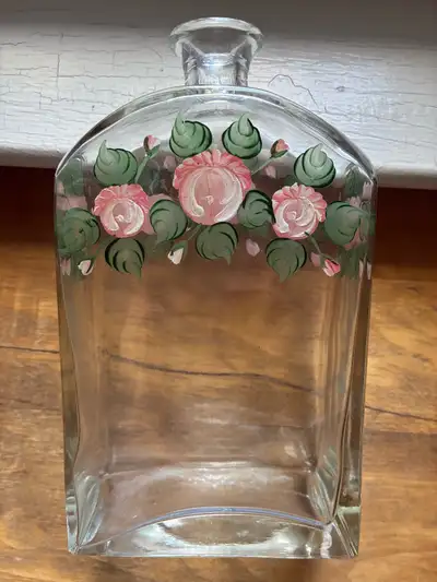 Vintage Glass Decanter Bottle  Hand Painted Flowers roses vase, View more