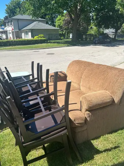Free - two seater couch and 6 wooden dining chairs, View more