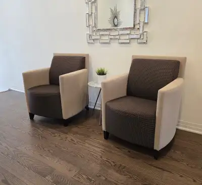 Beautiful set of leather chairs, brown and beige fabric, commercial grade, good condition, from smok...