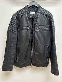 Zara Men's Genuine Black Leather Biker Jacket Size L NEW
