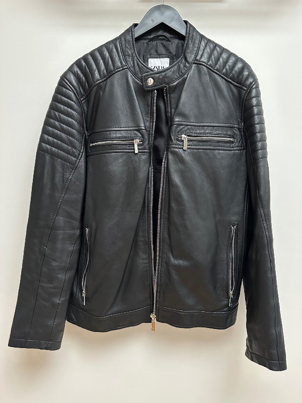 Zara Men's Genuine Black Leather Biker Jacket Size L NEW dans Hommes  à Ville de Montréal