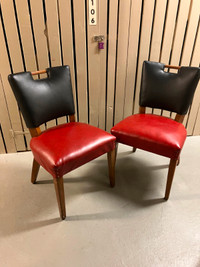 2 sturdy wooden chairs with black/red faux leather