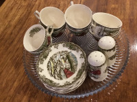 The Friendly Village tea cups & saucers (8), salt & pepper. 