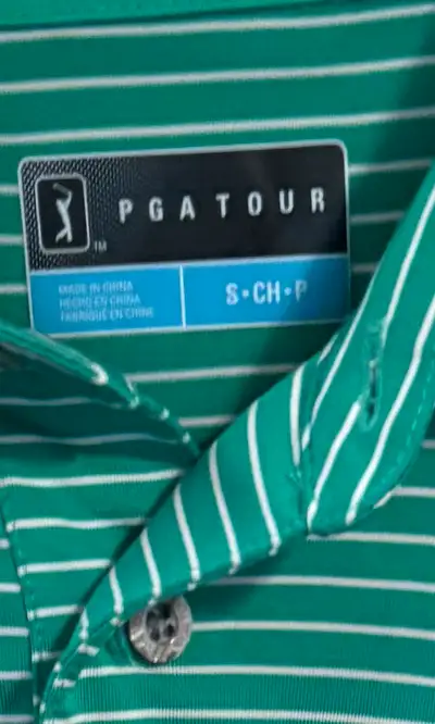 Elevate your golf game with this PGA Tour golf shirt, featuring a stylish green and white striped de...
