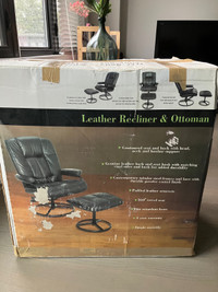 BLACK Leather reclining chair + ottoman (rarely used)