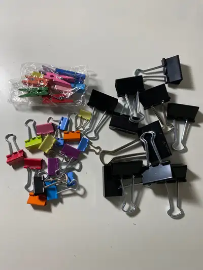 binder clips and colored wooden clips, View more