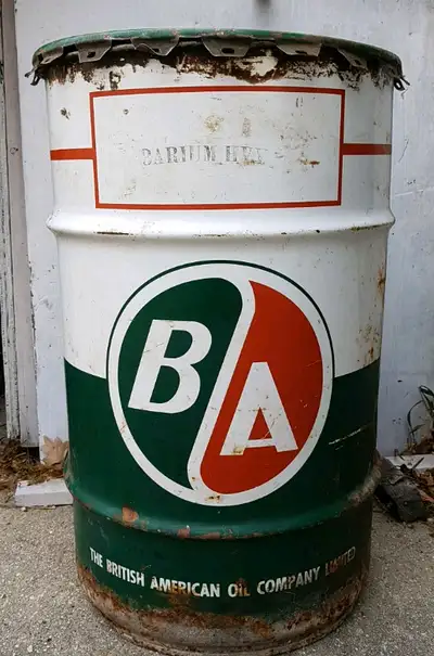 Small empty vintage B/A grease barrel , some rust. Makes a great garbage can for your man cave. 14"...