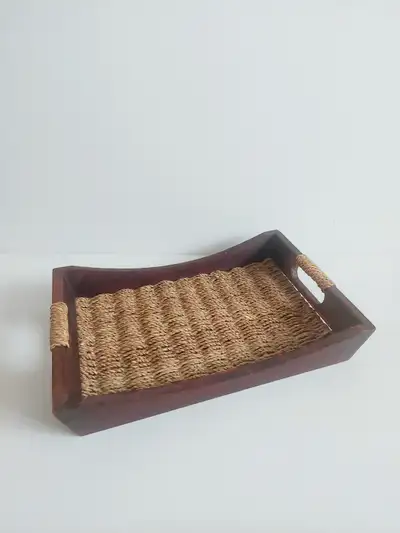 Vintage wood and wicker serving tray, View more