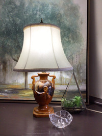 Vintage drip glazed pottery urn lamp with shade