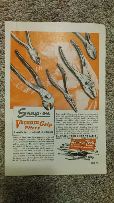 Original vintage Snap-On Vacuum Grip Pliers print Ad taken directly from the April 1947 issue of Pop...