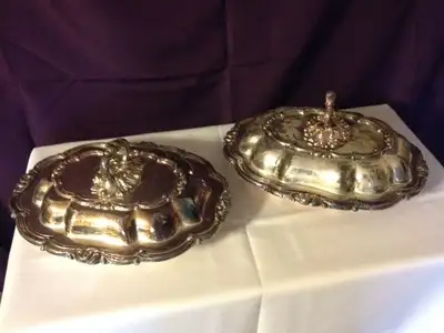 Beautiful Antique Kents Limited Silver on Copper Serving Dishes ~ Bottom Dishes Measure 13" X 10" ~...