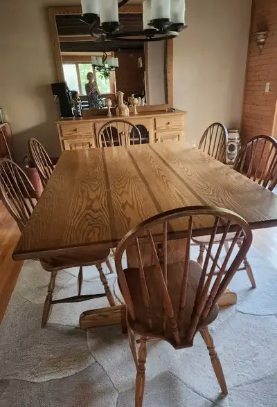Solid Oak and Walnut Dining Set with Trestle Table, 6, View more
