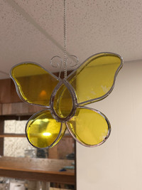 Yellow Stained Glass Butterfly Tea Light Hanger Decor