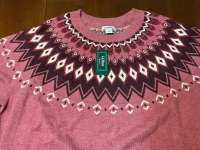 L.L.BEAN cotton and cashmere sweater. Dark plum or burgundy with cream highlights. Size L Retails fo...