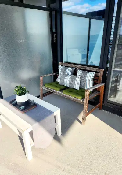 Rustic outdoor bench with cushions/pillows, View more