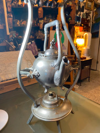 Antique Pewter Metal Teapot Kettle on Stand Burner Warmer 19th C