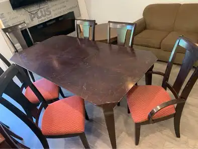 Wooden dining room set. Table with leaf. 6 chairs. Buffet h in Dining Tables & Sets in Oakville / Halton Region - Image 3