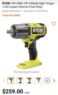 Ryobi 18v one+ high-torque impact 1/2 inch wrench