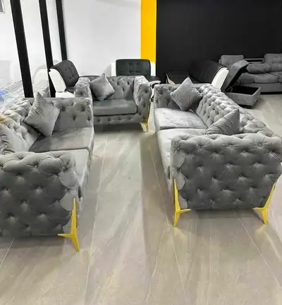 Grey Velvet Chesterfield Sofa Set with Gold Legs, View more