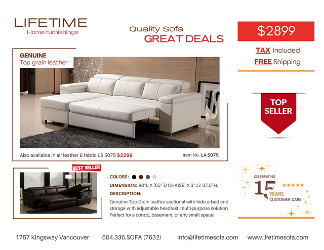 Genuine Top Grain leather sectional  with hide-a-Bed & Storage in Couches & Futons in Vancouver - Image 8