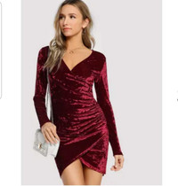 Ruched Surplice Crushed Velvet Burgundy Dress 