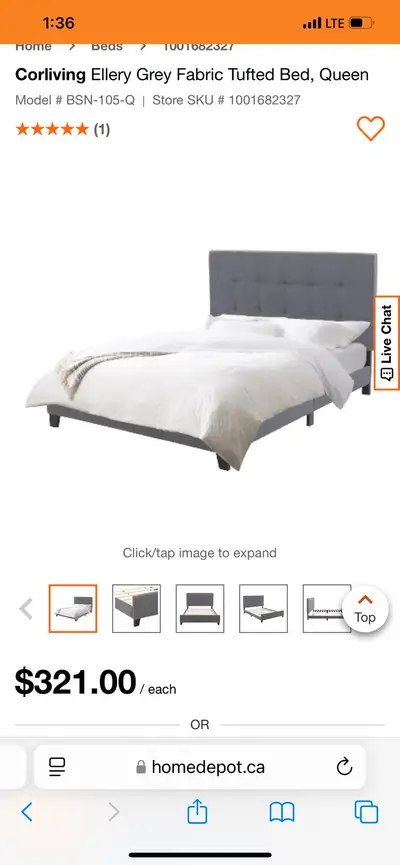 Corliving Ellery Grey Fabric Tufted Bed, Queen, View more