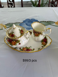 Royal Albert Old country Roses Sugar bowl, creamer, regal tray 