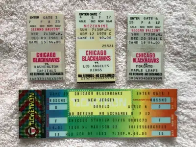 I am selling three stubs and one full ticket from Chicago Black Hawk games that they played at the C...