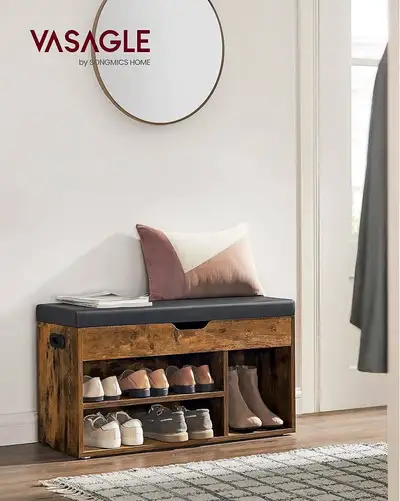 Shoe Bench with Cushion, Storage Bench with Padded Seat, 3 Compartments, Hidden Storage, Shelves, Li...