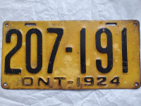 1924 Ontario License Plate Single