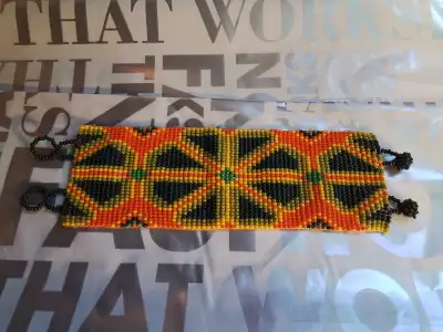 Beaded Bracelet - Orange, Green, Yellow & Black Geometric Desig, View more