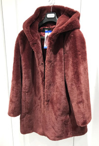 NWT DKNY Women Maroon Faux Fur Hooded Coat Size L Super Soft