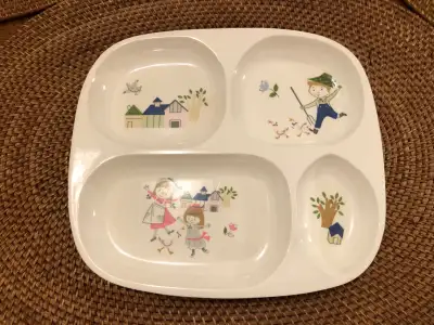 Vintage Shin San Melamine Kids Divided Plate With Farmer Boy & Girl, Geese, Trees & House Motif Made...