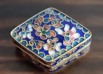 Vintage Cloisonné Enamel and Brass Jewelry Box, Trinket Box, Depiction of a Blue Florals Cloisonné,...