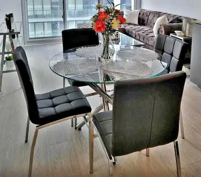 Modern Glass Dining Set | 4 Leather Chairs & Metal Frame, View more