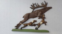 Antique Meatal Art Dogs & Moose Hunting Scene 12" Wide