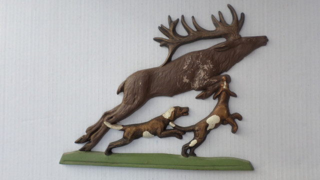 Antique Meatal Folk Art- Dogs & Moose Hunting Scene 12" Wide in Arts & Collectibles in Kitchener / Waterloo