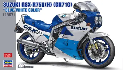 a limited edition Hasegawa 1/12 Suzuki GSX-R750 1987 (H) motorcycle model in blue / white livery. Th...