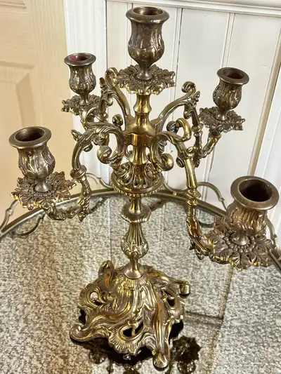 Vintage Ornate Rococo Cast Brass Candelabra, View more