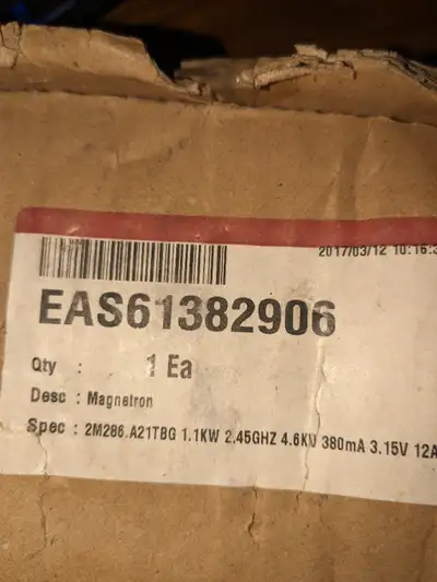 LG Magnetron EAS61382906 never installed, box is rough shape because it was in parts bin. Some of th...