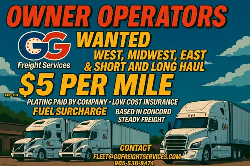 OWNER OPERATORS WANTED GG FREIGHT SERVICES ✅ UP TO $5 PER MILE ✅ WEST, MIDWEST, EAST ROUTES ✅ SHORT...