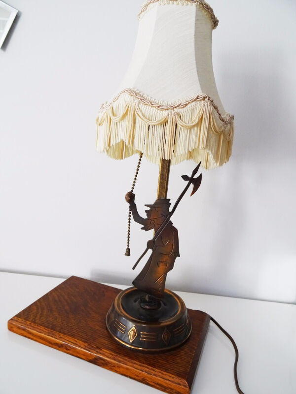 1930s COPPER FIGURAL LAMP charming AXE MAN oak CUPCAKE SHADE in Other in Brantford
