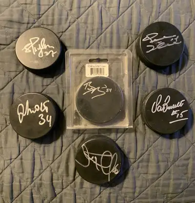 6 NHL Hockey Signed Pucks Lot, View more